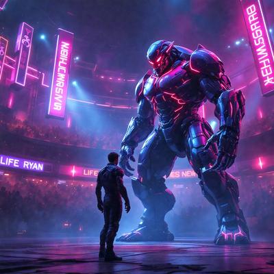 The primary subject of the image is a man standing next to a giant robot. The setting is a large arena, and the visual style appears to be a digital art or illustration. The dominant colors in the image are pink and purple, creating a vibrant and futuristic atmosphere.